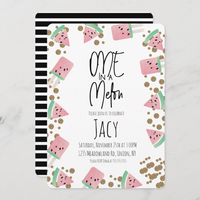 Convite Watercolor Watermelon Confetti Glitter Trim (Frente/Verso)