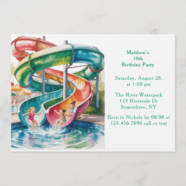 Convite Watercolor Waterslide Kids Birthday Party (Frente)