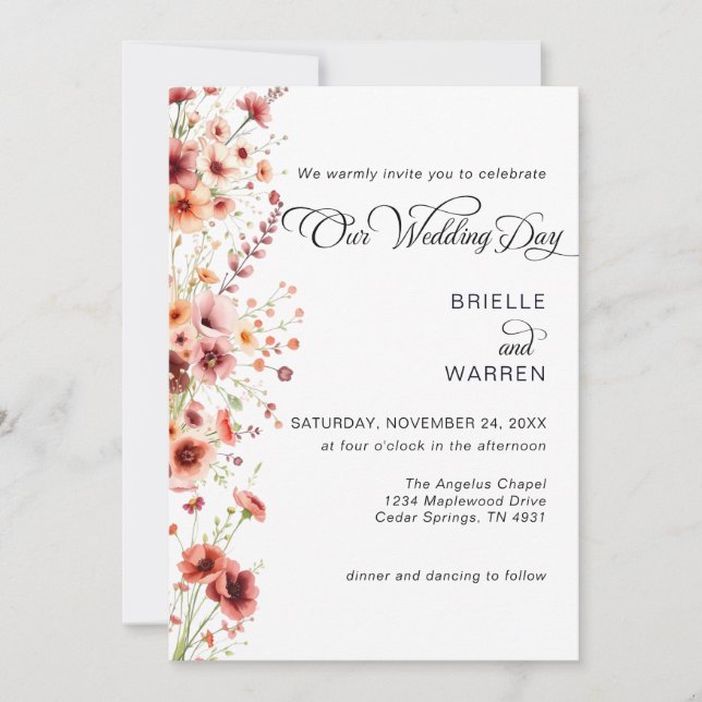 Convite Watercolor Wedding Invitation Wild Flowers (Frente)
