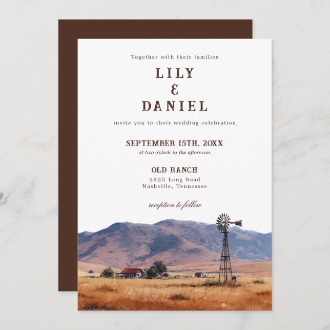 Convite Watercolor Western Mountain Cowboy Ranch Wedding (Frente/Verso)