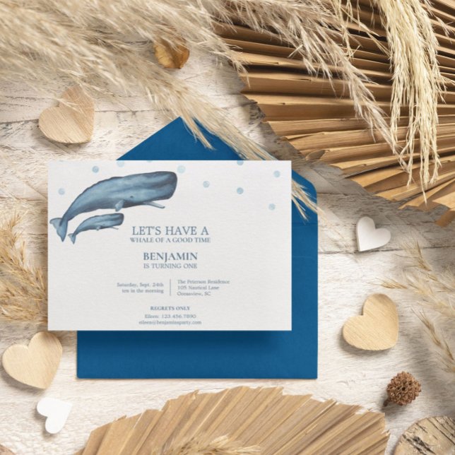 Convite Watercolor Whales Ocean Kid Birthday (Criador carregado)