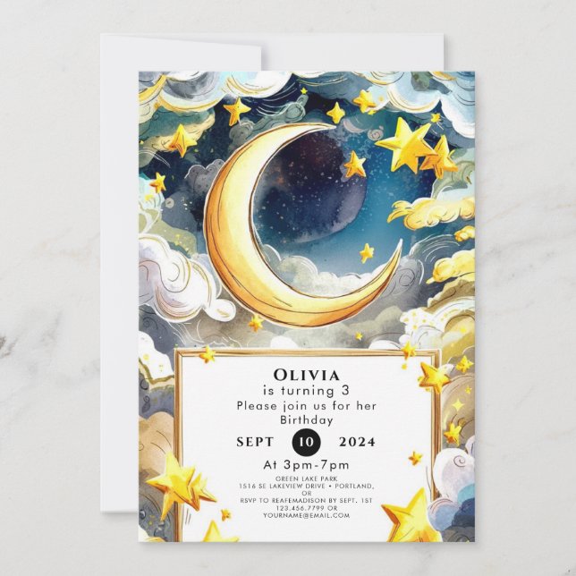 Convite Watercolor Whimsical Moon Birthday (Frente)