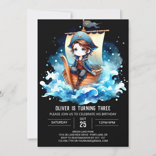 Convite Watercolor Whimsical Pirate Birthday (Frente)