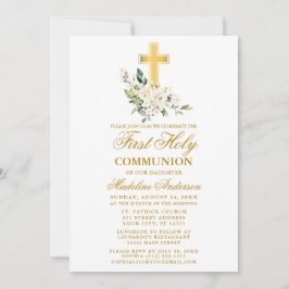 Convite Watercolor White Floral Dourado Cross First Commun