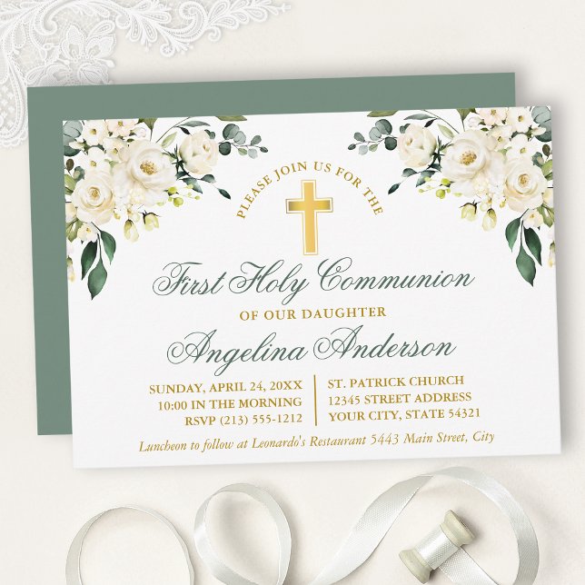 Convite Watercolor White Floral Sage Green Gold  (Customize to change text color, size, style or to change color of back of card.)