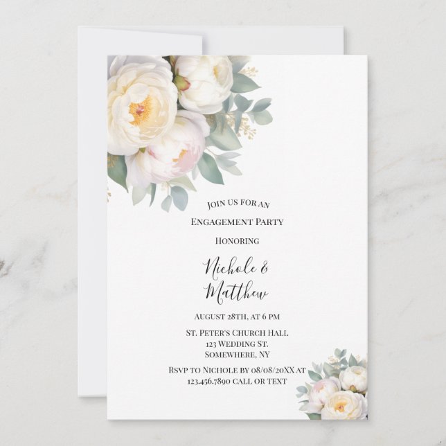 Convite Watercolor White Peonies Engagement Party (Frente)