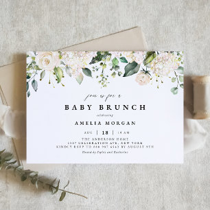 Convite Watercolor White Rose e Hydrangea Baby Brunch