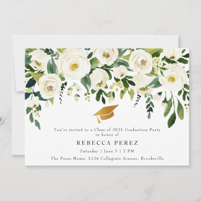 Convite Watercolor White Roses Greenery Graduation Party (Frente)