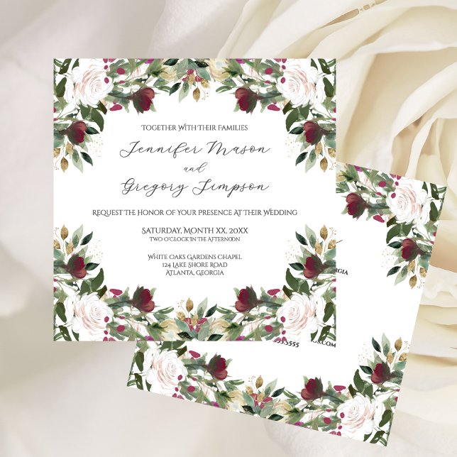 Convite Watercolor White Roses with Cranberry Floral (Watercolor White Roses with Cranberry Floral Invitation)