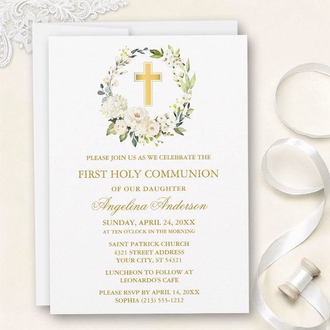Convite Watercolor White Roses Wreath Gold Communion (Customize to change text size, text style or color.)