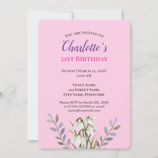 Convite Watercolor White Snowdrots Ilustração Aniversário (Frente)