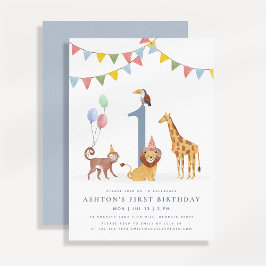 Convite Watercolor Wild Animals First Birthday
