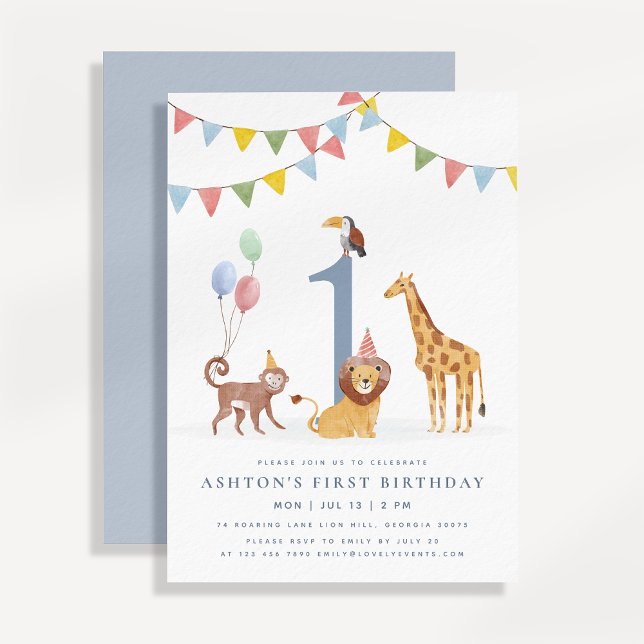 Convite Watercolor Wild Animals First Birthday (Criador carregado)