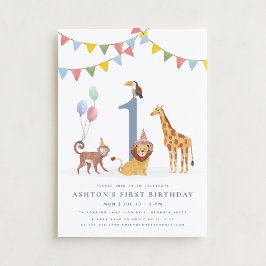 Convite Watercolor Wild Animals First Birthday