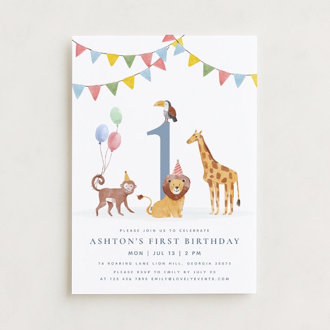 Convite Watercolor Wild Animals First Birthday (Criador carregado)