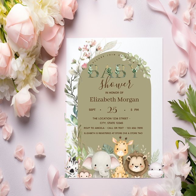 Convite Watercolor Wild Animals Flowers Baby Shower   (Criador carregado)