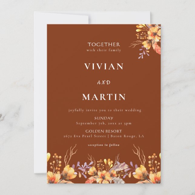 Convite Watercolor Wild Floral Terracotta Wedding (Frente)