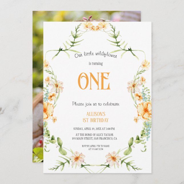 Convite Watercolor Wildflower 1st Birthday Mauve Girl  (Frente/Verso)