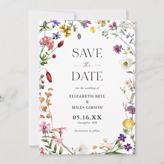 Convite Watercolor Wildflower Boho Weding Date (Frente)