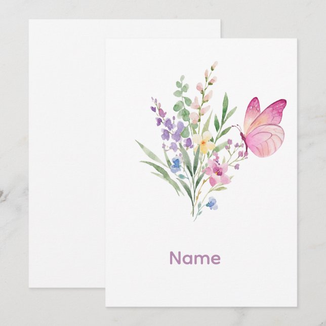 Convite Watercolor Wildflower Bouquet with Pink Butterfly (Frente/Verso)