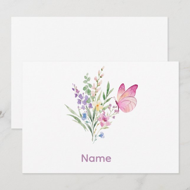 Convite Watercolor Wildflower Bouquet with Pink Butterfly (Frente/Verso)