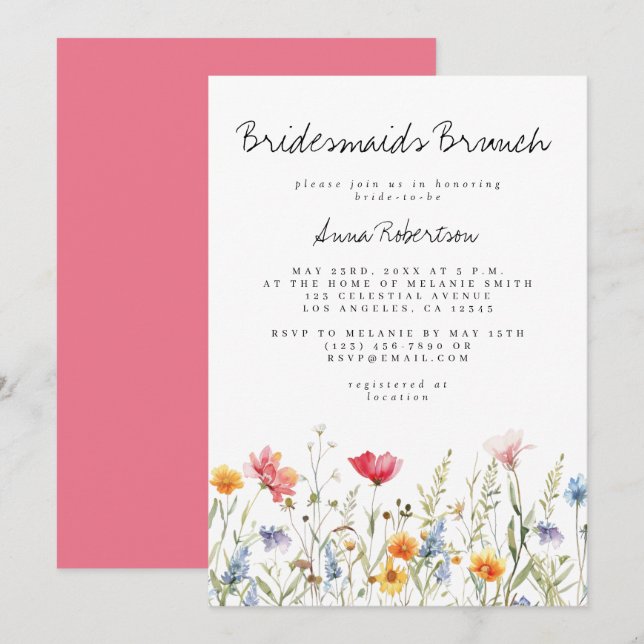 Convite Watercolor Wildflower Bridesmaids Brunch (Frente/Verso)
