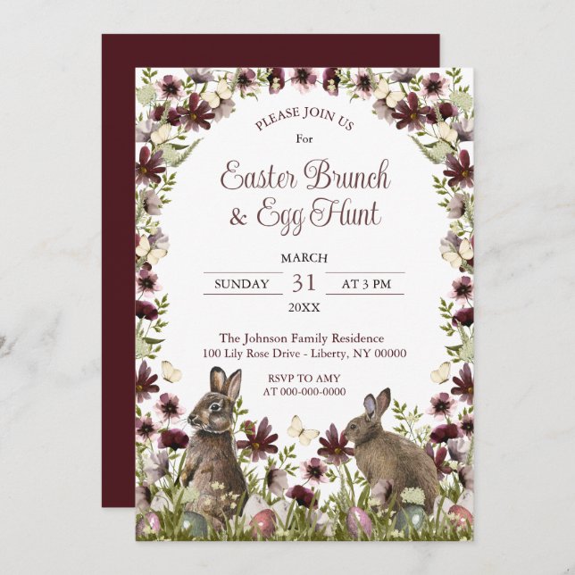 Convite Watercolor Wildflower Bunnies Easter Sunday Brunch (Frente/Verso)