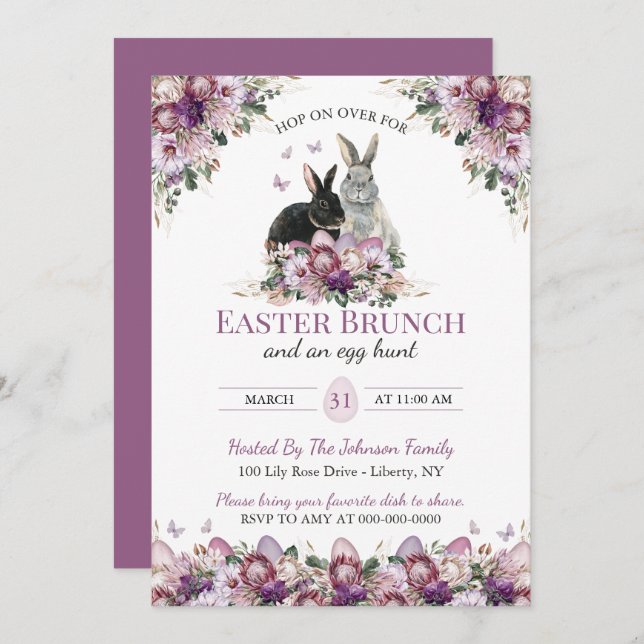 Convite Watercolor Wildflower Bunnies Easter Sunday Brunch (Frente/Verso)