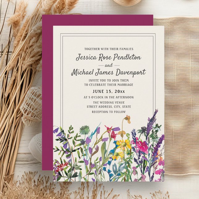 Convite Watercolor Wildflower Cream Purple Wedes (Watercolor wildflowers wedding invitation)