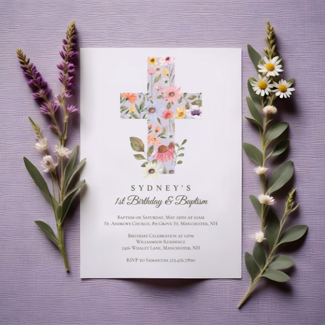 Convite Watercolor Wildflower Cross primeiro aniversario B (Watercolor Wildflower Cross 1st Birthday Baptism Invitation)