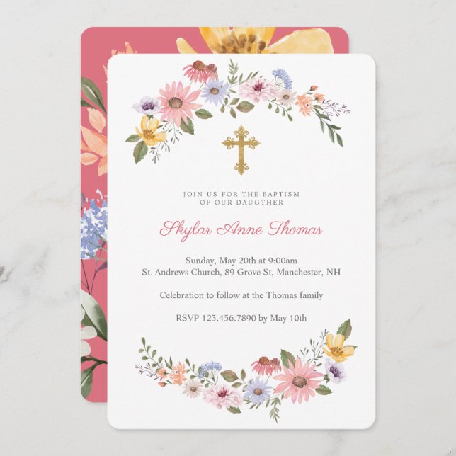 Convite Watercolor Wildflower Floral Wreath Baptism (Frente/Verso)