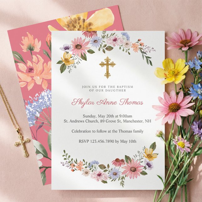 Convite Watercolor Wildflower Floral Wreath Baptism (Watercolor Wildflower Floral Wreath Baptism Invitation)
