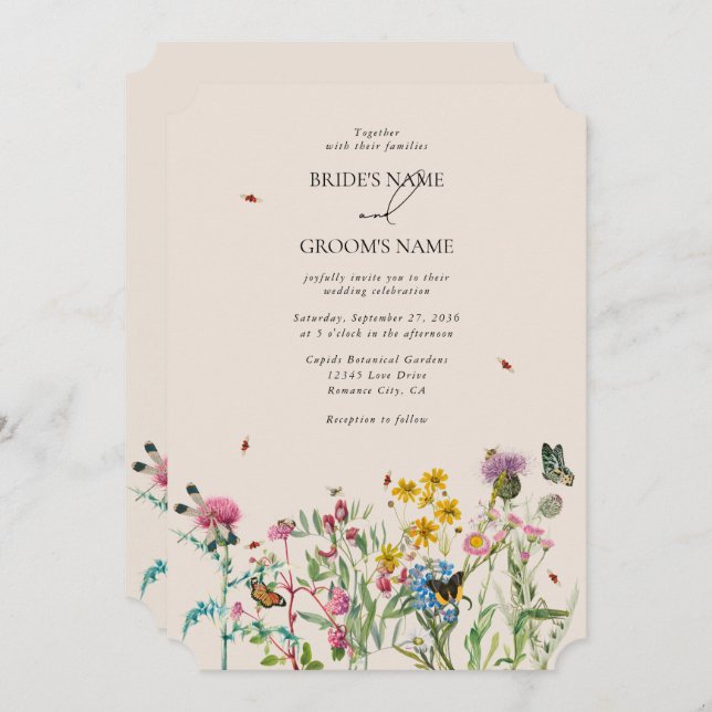 Convite Watercolor Wildflower Garden & Insetos Casamento I (Frente/Verso)