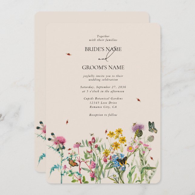 Convite Watercolor Wildflower Garden & Insetos Casamento I (Frente/Verso)