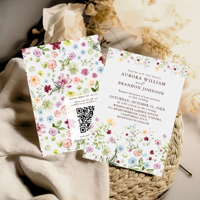 Convite Watercolor Wildflower Garden QR Code RSVP Wedding  (Criador carregado)