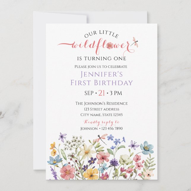 Convite Watercolor Wildflower Girl 1st Birthday Invitation (Frente)