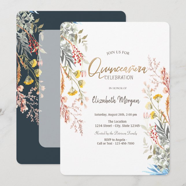 Convite Watercolor Wildflower Meadow Dried Quinceañera (Frente/Verso)