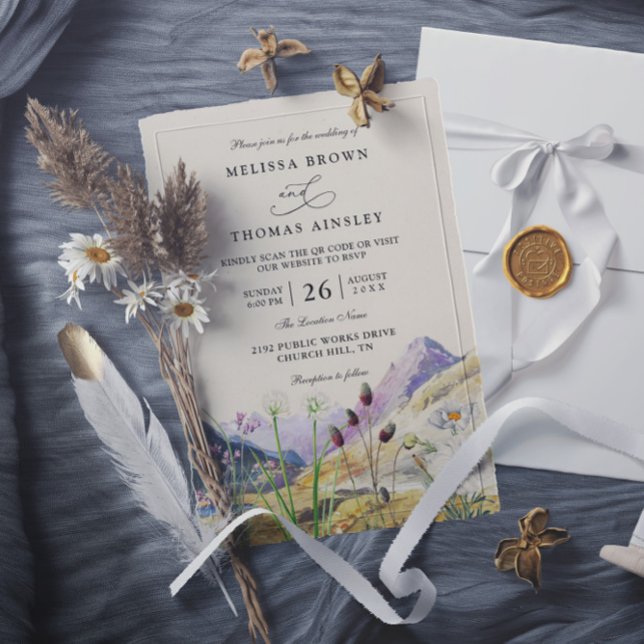 Convite Watercolor Wildflower Mountain QR Code Wedding (Criador carregado)