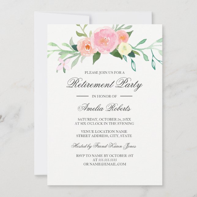 Convite Watercolor Wildflower Retirement Party (Frente)