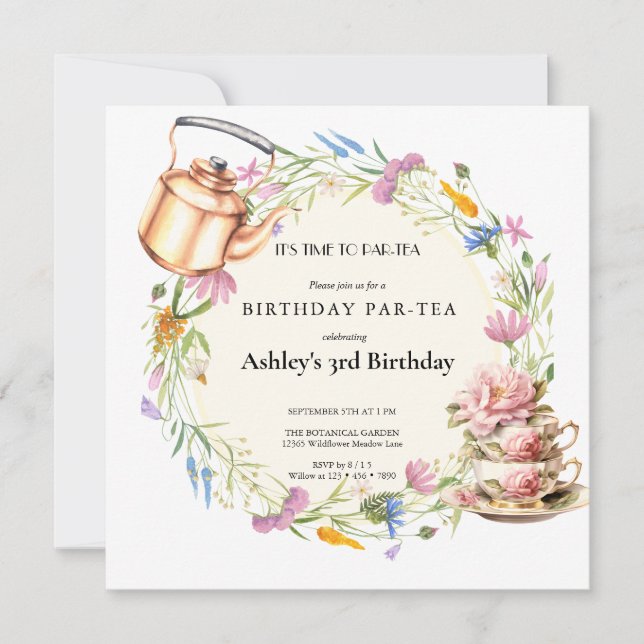 Convite Watercolor Wildflower | Tea Party (Frente)