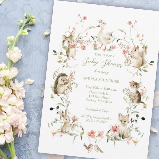 Convite Watercolor Wildflower Woodland Animals Baby Shower (Criador carregado)
