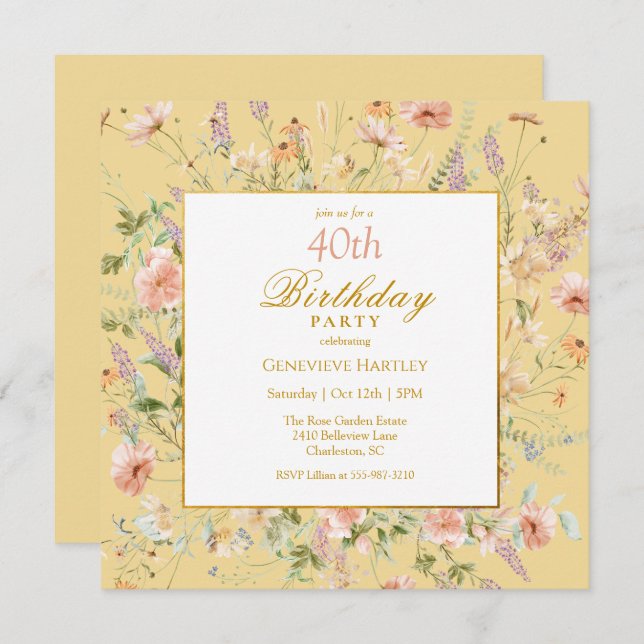 Convite Watercolor Wildflowers 40th Yellow Birthday (Frente/Verso)