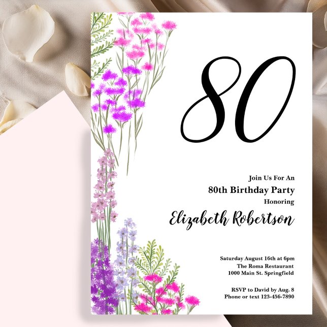 Convite Watercolor Wildflowers 80th Birthday Invitation (Criador carregado)