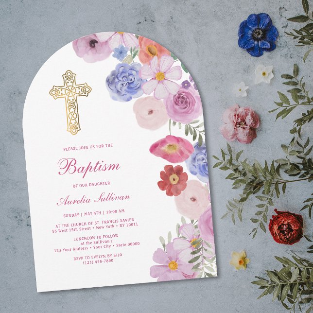 Convite Watercolor Wildflowers Arch Baptism (Criador carregado)