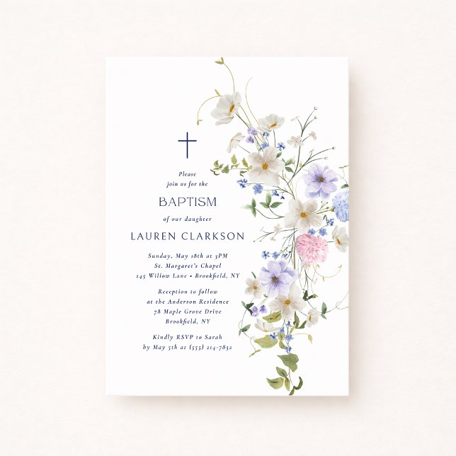 Convite Watercolor Wildflowers Baptism Invitation (Criador carregado)