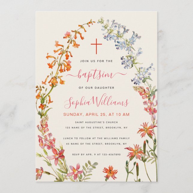 Convite Watercolor Wildflowers Floral Girl Baptism (Frente)