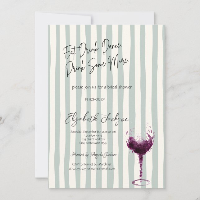 Convite Watercolor Wine Glass Green Striped Bridal Shower (Frente)