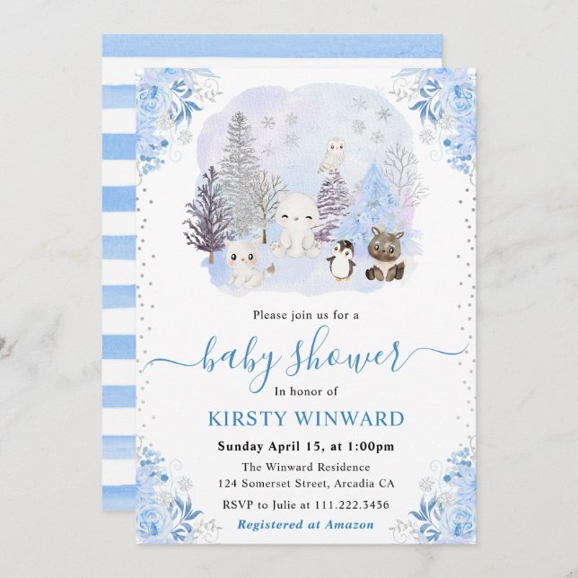 Convite Watercolor Winter Arctic Animals Baby Shower (Frente/Verso)
