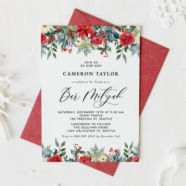 Convite Watercolor Winter Blooms Floral Bar Mitzvah (Criador carregado)