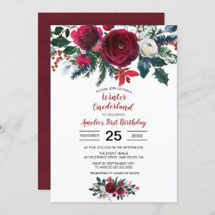 Convite Watercolor Winter Burgundy Flowers Primeiro Aniver
